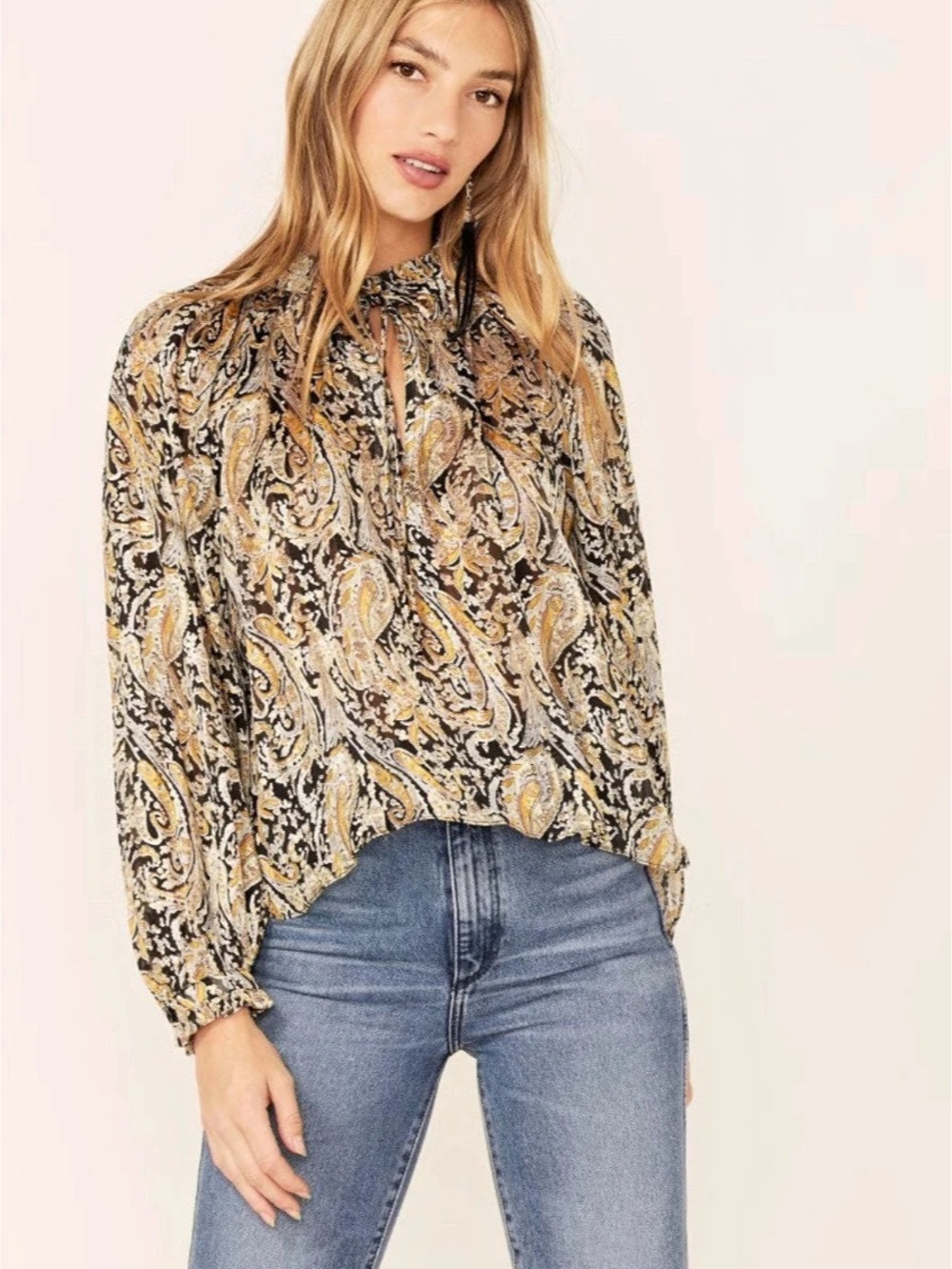 Elan Paisley Blouse in Black & Gold Size Small